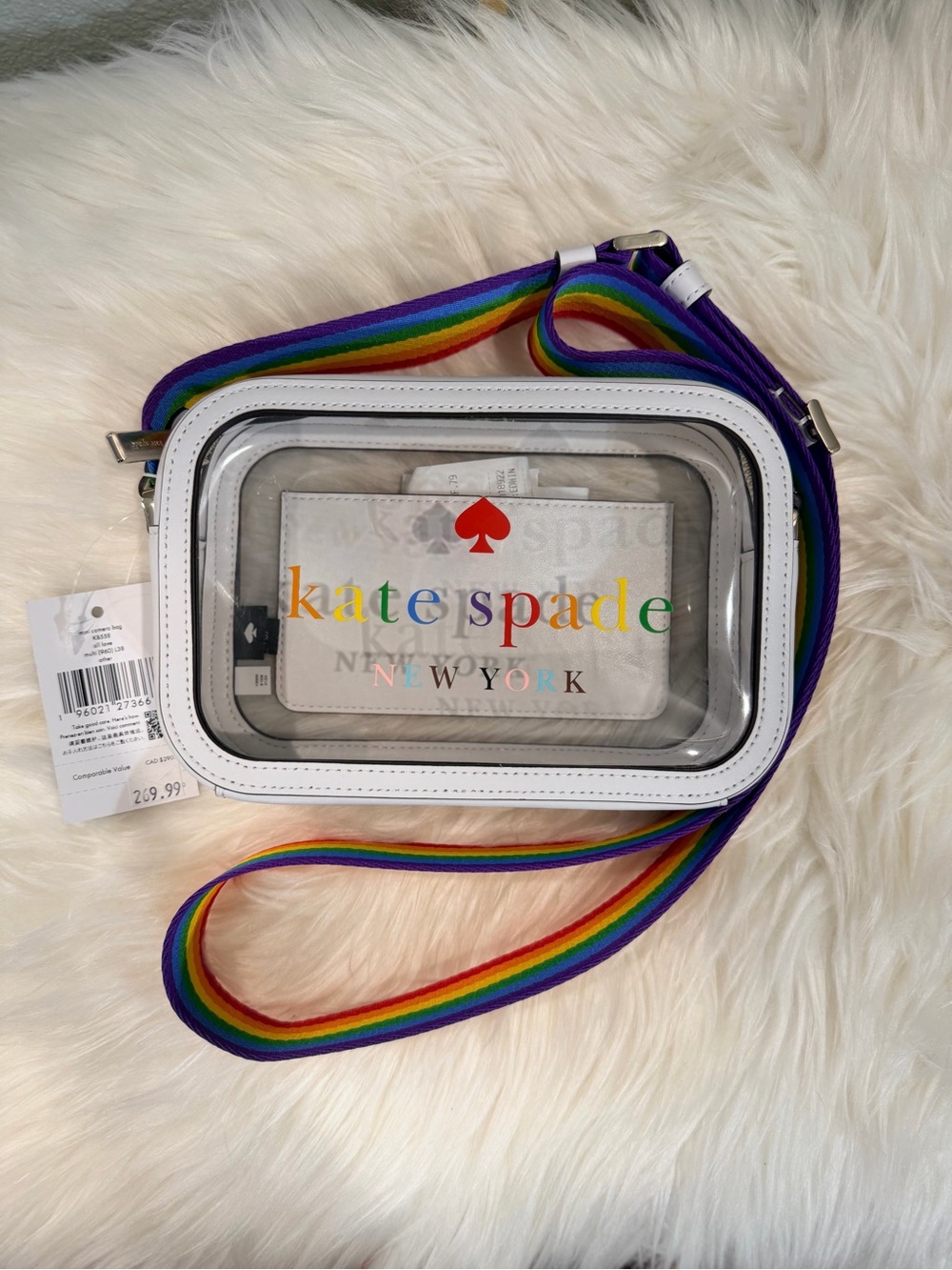 Kate Spade Clear Camera Bag with White Trim and Rainbow Guitar Strap